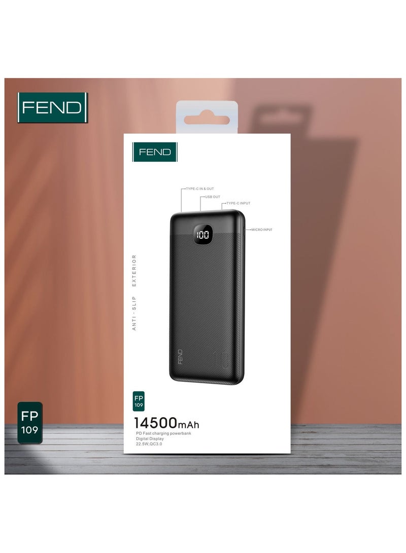 FEND بانك طاقة فند FP-109 سعة 14500 مللي أمبير 22.5 واط شحن سريع مع شاشة رقمية، بطارية محمولة مدمجة مع مخرج Type-C و USB، حماية ذكية للسلامة للهواتف والأجهزة - Image 2